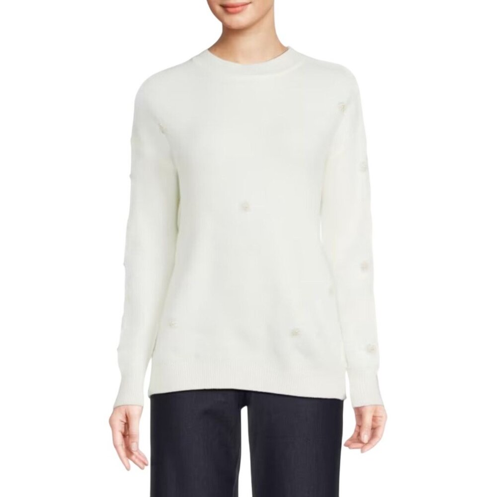 Nanette Lepore Retro Pearl Floral Sweater White Crewneck Textured Size M